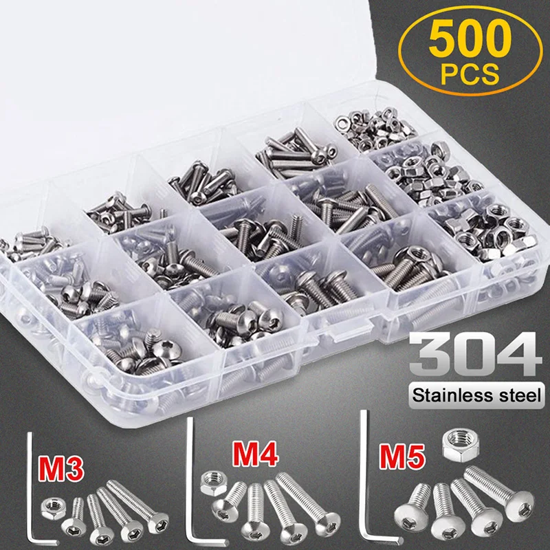 

500PCS Hex Screw Stainless Steel Nut Assortment Kit Standard Size Machine Bolts Nuts With Wrench