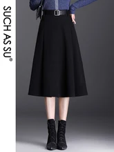 SUCH AS SU New 2021 Women Sashes Black Brown High Waist Wool Pleated Skirt Autumn Winter S-3XL Size Female Mid-Long Skirts 7122
