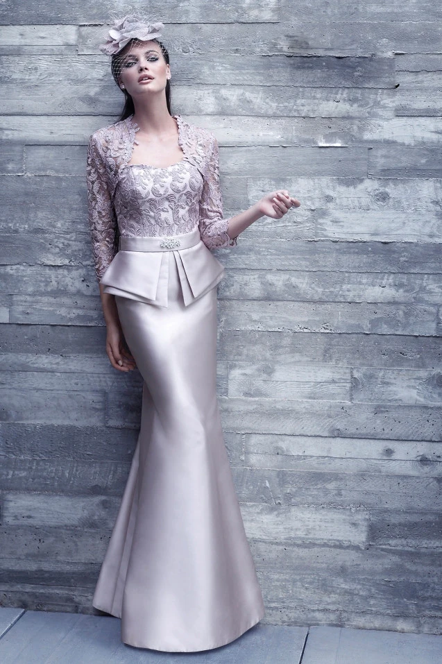 

New 2016 Vestido de madrinha Mermaid Mother Of The Bride Dress Long Lace Jacket 3/4 Sleeve Women Formal Outfit For Party BC65