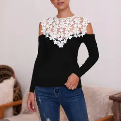 Осенняя Милая Сексуальная кружевная футболка с длинными рукавами женская уличная облегающая футболка с открытыми плечами camisetas verano mujer 2019