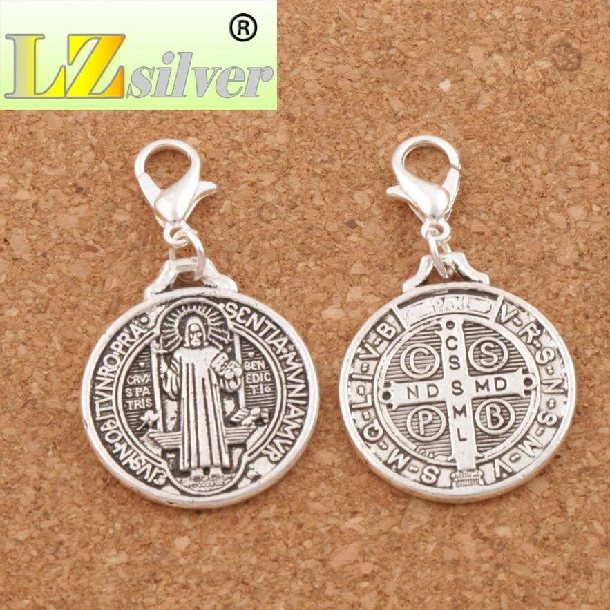 Saint Benedict Medal Cross Lobster Claw Clasp Charm Beads 42x22mm 60pcs Zinc Alloy Jewelry DIY C1643