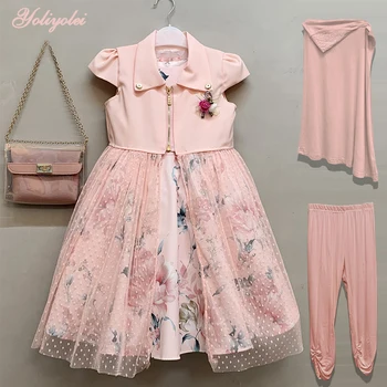 

Yoliyolei Real Pictures Muslim Islamic Ramadan Girls dress Set with Coat Bag Pants Hijab Teenager Short Sleeve Girls Clothes