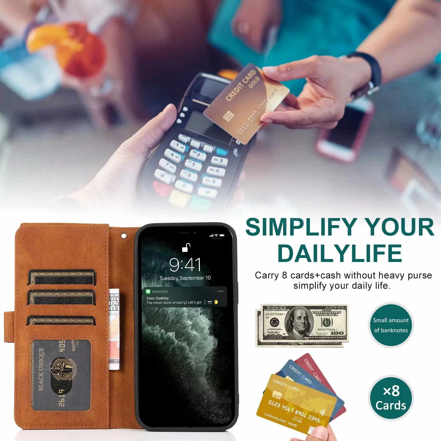 Ultra Thin Zipper Wallet with 8 Card Slots, Magnetic Flip Leather Case