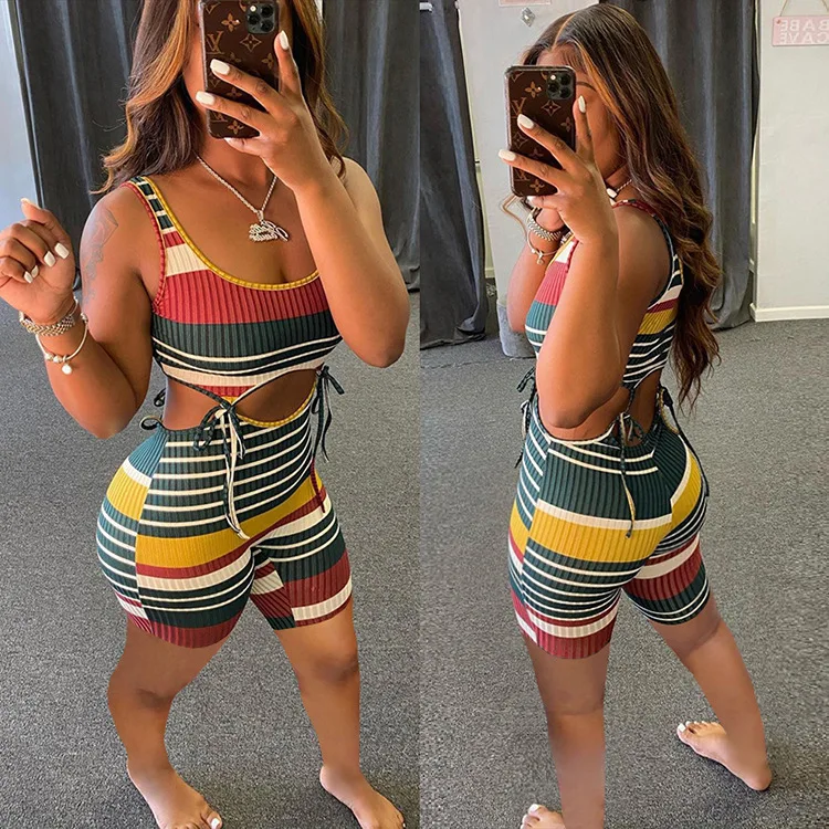 BKLD 2021 Womens Summer Clothing New Fashion Casual Colorflu Striped Lace-Up Hollow Out Rompers Womens Jumpsuit Sleeveless