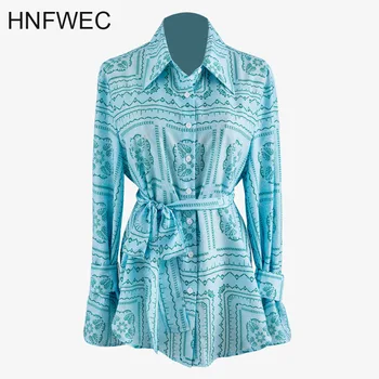 

2020 New Summer Fashion Streetwear Turn-down Collar Bow Print Long Sleeve Strap Loose Slim Shirt Women T992