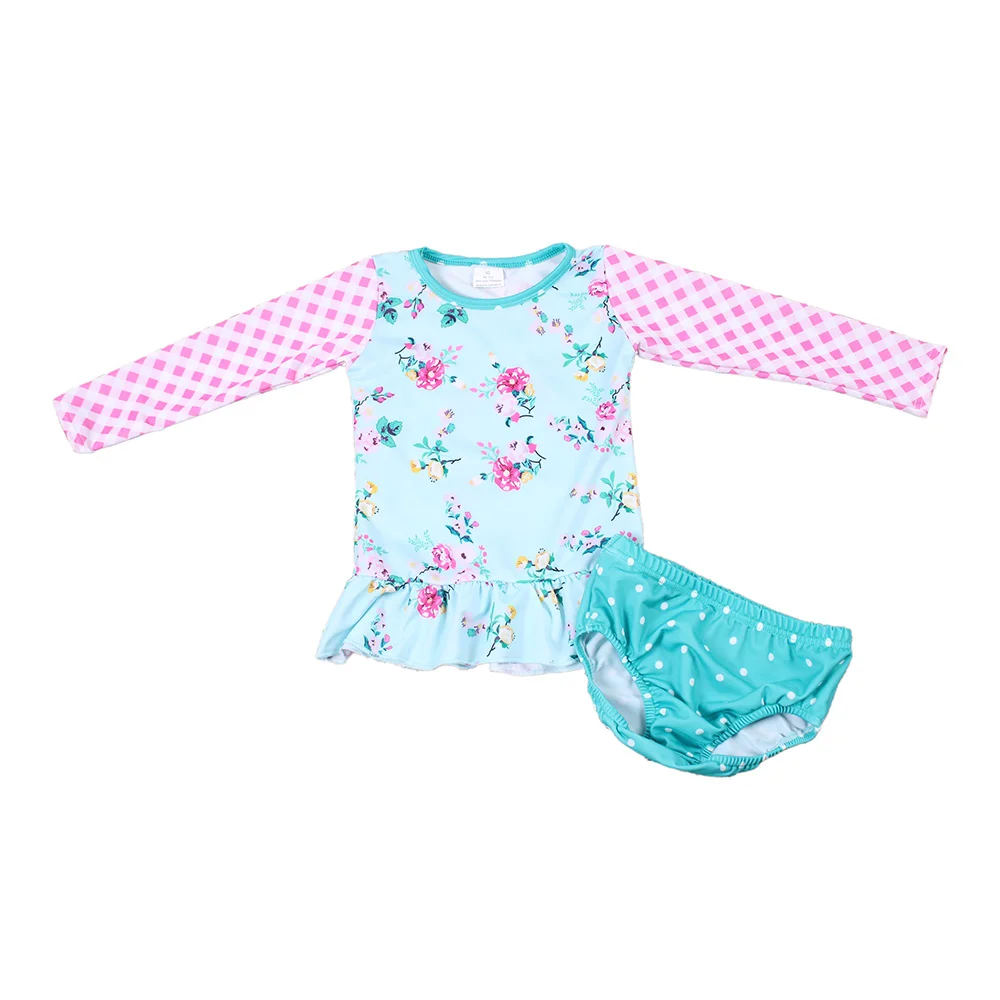 Детский купальник с длинными рукавами в клетку, топ с цветочным принтом, плавки в синий горошек, детский купальник