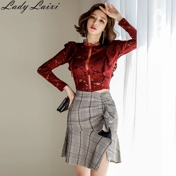 

2020 Summer Elegant 2 Pieces Set Ruffles Hollow out Lace Blouses + High Waist plaid Mini Skirt Suits Female office work wear Set