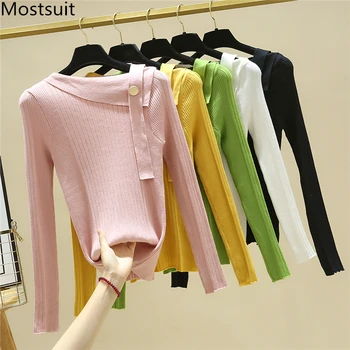 

Autumn Winter Knitted Slash Neck Sweaters Pullovers Women Long Sleeve Korean Slim Basic Casual Fashion Sweaters Tops Femme 2019