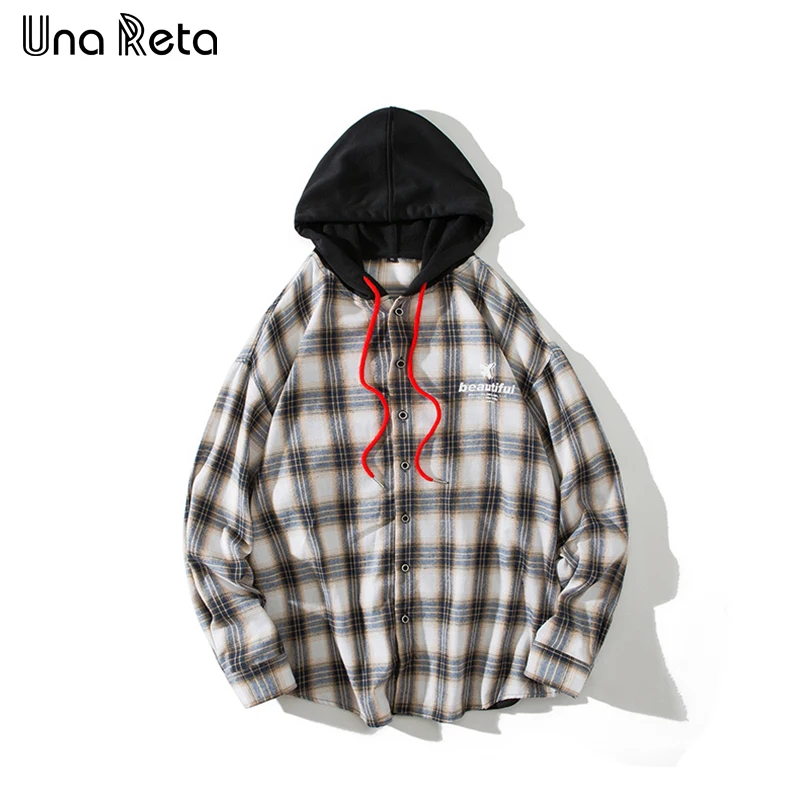 Una Reta Мужская рубашка осень бренд хип-хоп Мужская рубашка с капюшоном уличная решетка с длинным рукавом однобортные повседневные рубашки