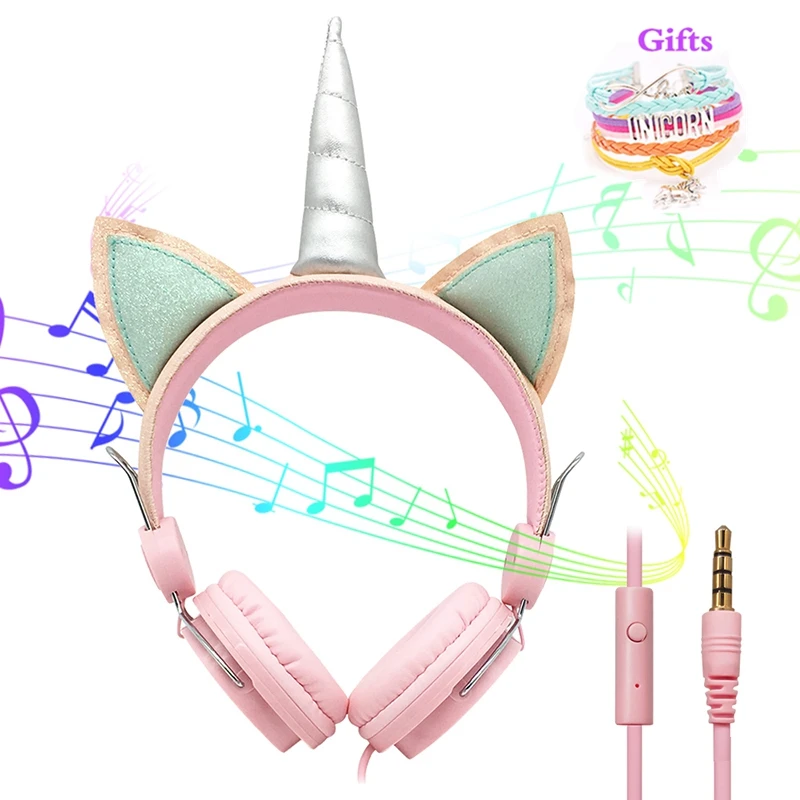 Cute Kids Headphones With Microphone Unicorn Wired Cascos Mobile Phone Gamer Headset Girl Music Helmet with Bracelet Gifts