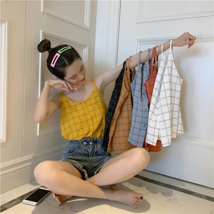 Летняя женская одежда в Корейском стиле с открытыми плечами футболки camisa feminina Топы на бретельках свободная клетчатая майка с треугольным вырезом жилет