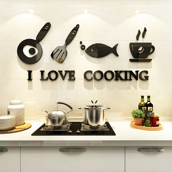 

Nordic 3D Kitchen Wall Sticker Black Wall Art Creative Dining Room Background Decorative Decal Cooker Cartoon Acrylic Wallpaper