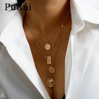 

PuRui 2Pcs/Set Multi Layered Punk Carved Coin Portrait Pendant Necklace for Women Geometric Square Round Choker Necklace Jewelry