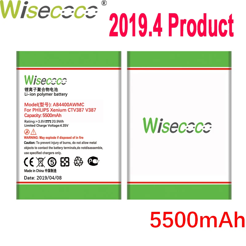 

WISECOCO 5500mAh AB4400AWMC Battery For Philips Xenium V387 CTV387 Mobile Phone Latest Production Battery+Tracking Number