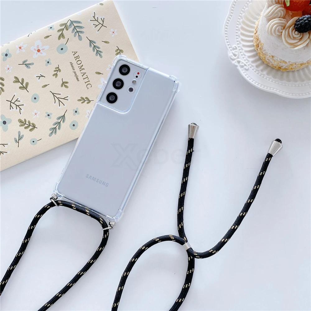 Neck Strap Lanyard Cord Rope Phone Case For Samsung S22 Plus S21 FE S20 Ultra S10 5G Lite S9 S8 Hang Clear Soft Silicone Cover cute samsung cases