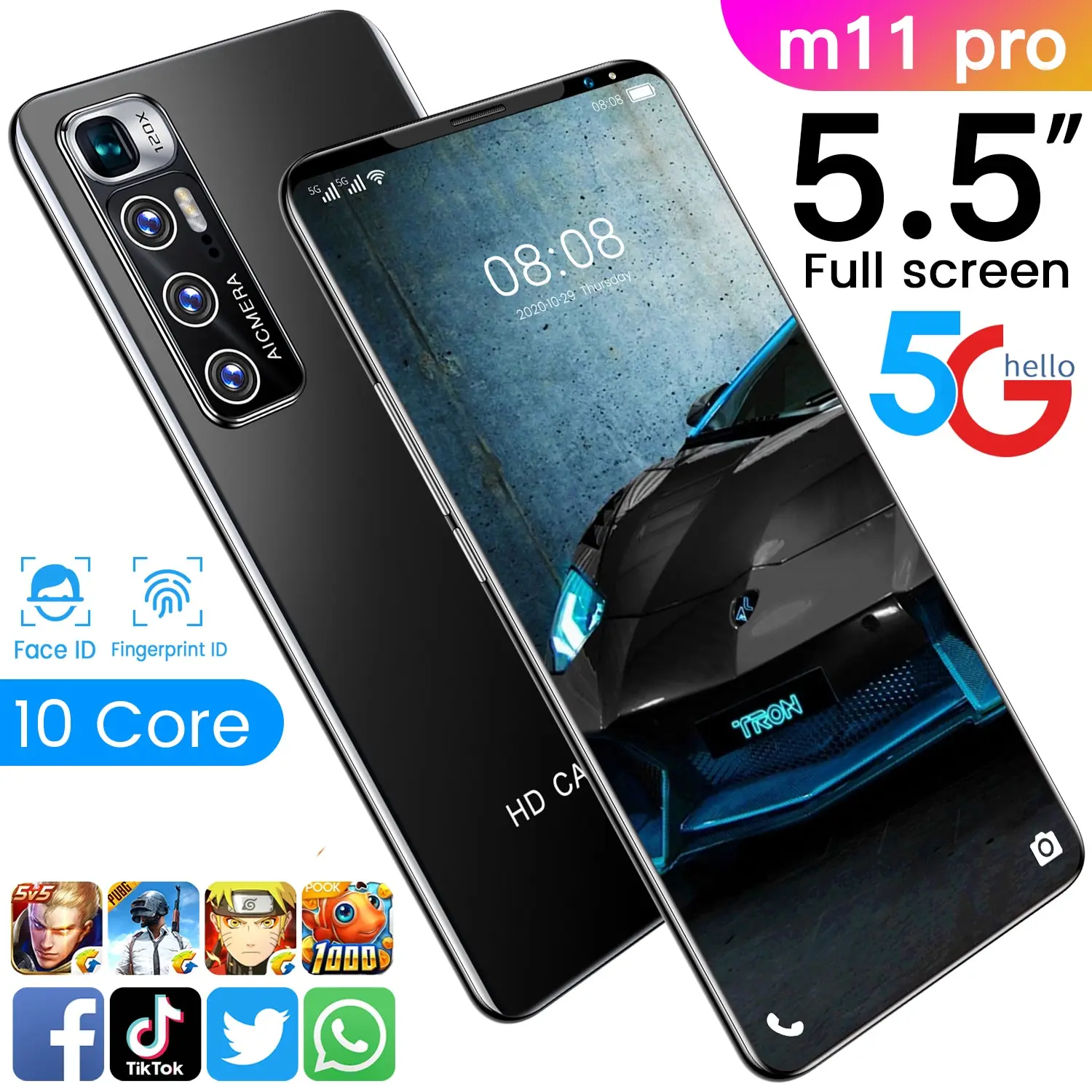 M11 Pro Smart Phone 5.5 Inch Andriod  Dual Sim + Micro Sd Fingerprint Face Unlock 24 32mp Andriod10.1 Cell Phones