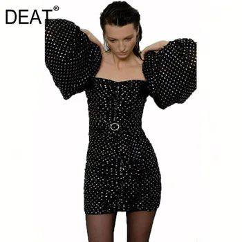 

DEAT new autumn and winter lantern sleeves square collar high waist covered hips polka dots printed sexy vestido WO09201L