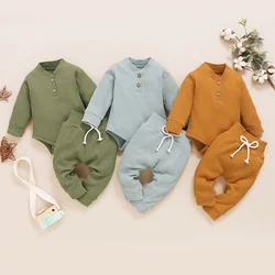 Ensemble 2 pièces pour bébé fille et garçon, barboteuse à manches longues et pantalon pour nouveau né, couleur unie, automne 