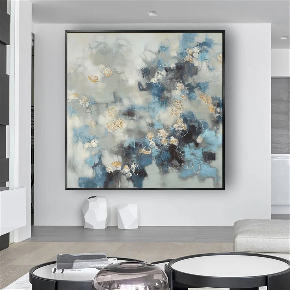 

Modern 100%Hand Painted Oil on Canvas Painting Wall Art Picture Abstract Blue and orange Flower mural for Living Room Home Decor