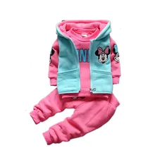 Комплекты одежды для девочек с Минни зимняя куртка с капюшоном утепленная шерстяная детская одежда 3 предмета, пальто для девочек, куртка, штаны детская одежда