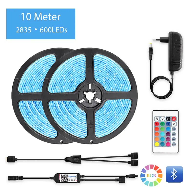 1 комплект 5 м/10 м 60 Светодиодный s/M RGB 5050 SMD 2835 гибкий светодиодный светильник+ пульт дистанционного управления Bluetooth+ адаптер постоянного тока - Испускаемый цвет: 10M 2835 600LEDs