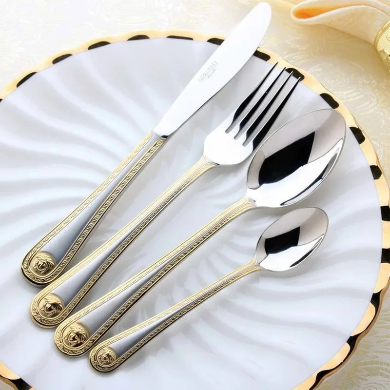 

4 PCS/Set Dinnerware Set Vintage Western Gold Plated Dinner Fork Knife Golden Cutlery Set Stainless Steel Engraving Tableware