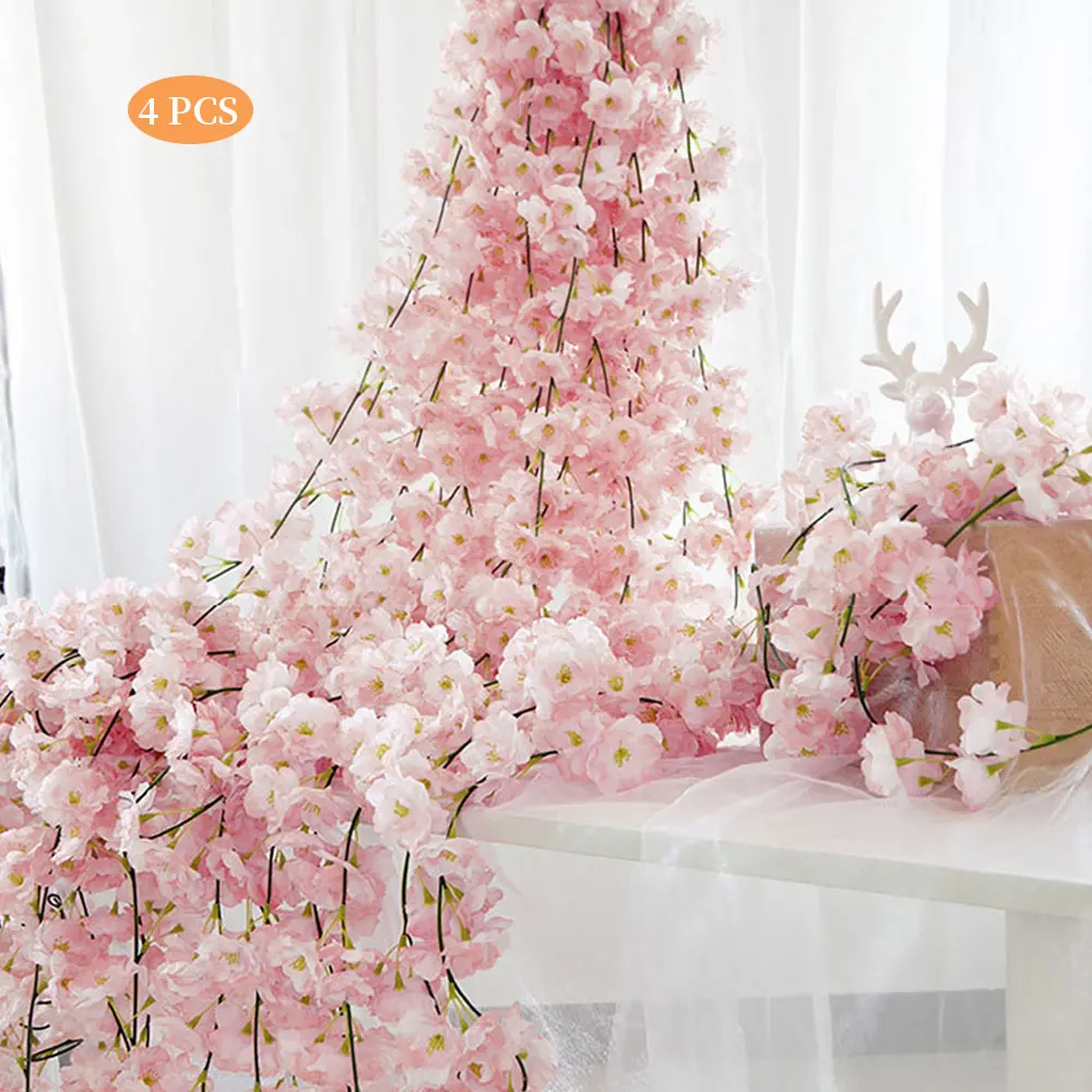 4Pcs 180CM Artificial Silk Flower Garland Hanging Fake Flowers Rattan Faux Cherry Blossom Vine Wreath for Party Wedding Decor | Дом и сад