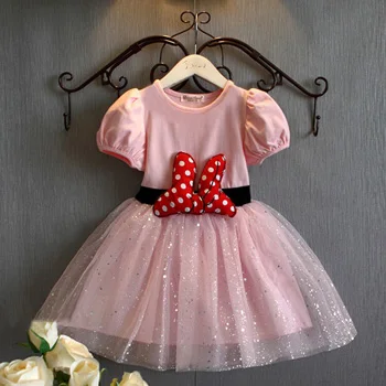 Платье для девочек; газовое летнее платье принцессы для девочек; одежда для детей в горошек с изображением Минни Маус; платье для дня рождения; бальное платье - Цвет: Розовый