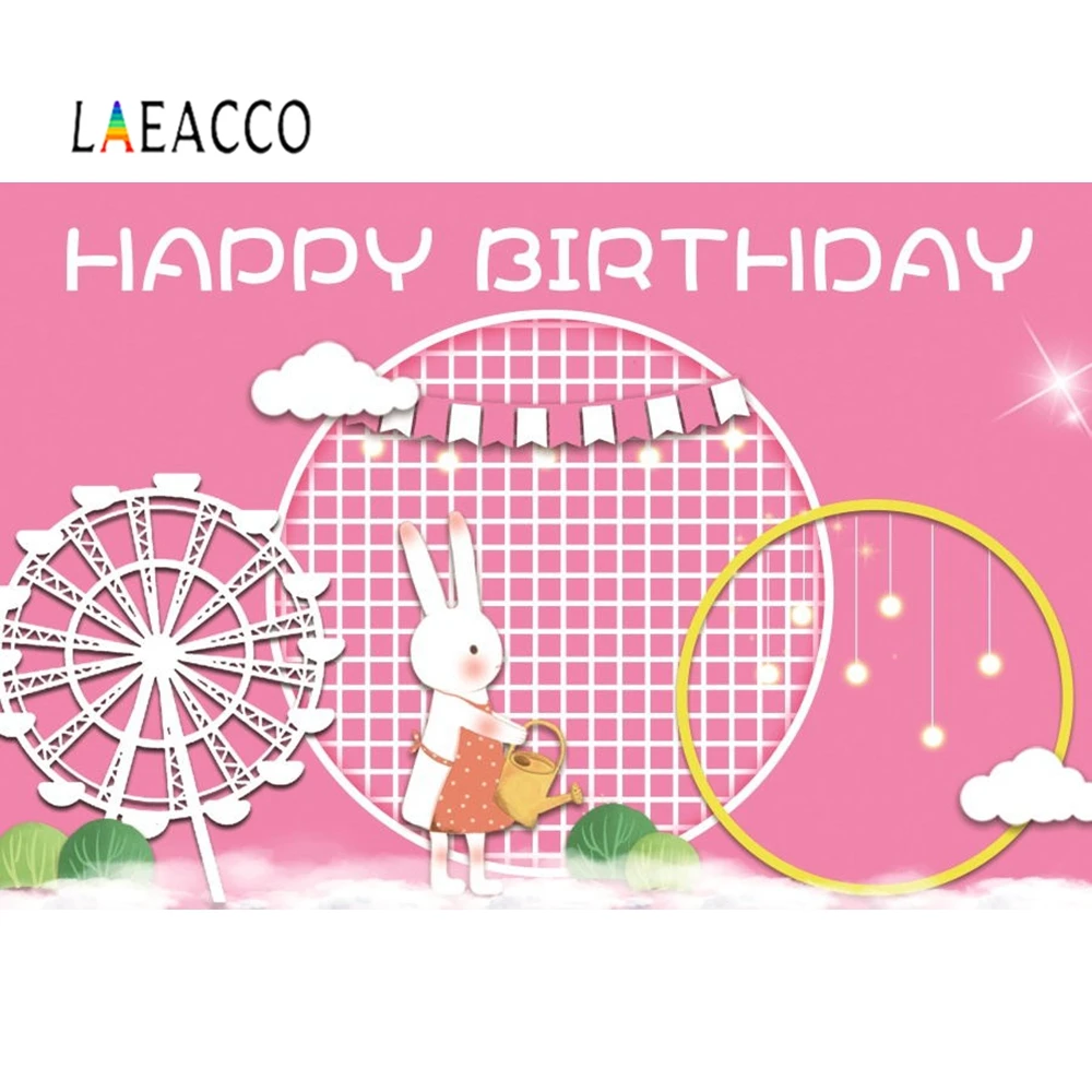 

Laeacco Photography Backdrop Happy Birthday Rabbit Pink Baby Photo Background Personalized For Photo Studio Photocall Decoration
