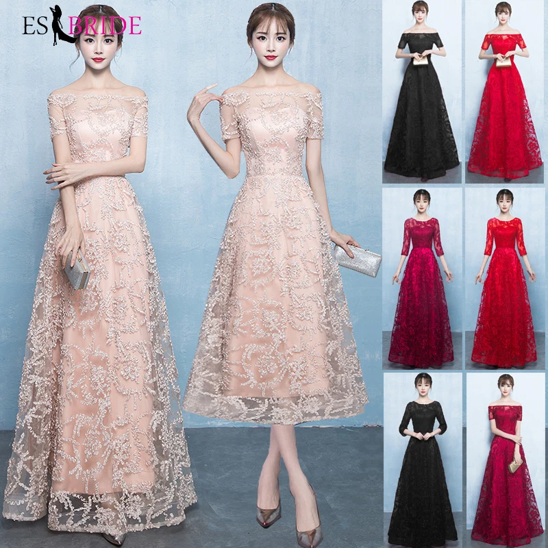 

Lace Evening Dresses Long Off Shoulder A-Line Short Sleeve Sexy Elegant Women Evening Gowns Robe De Soiree 2019