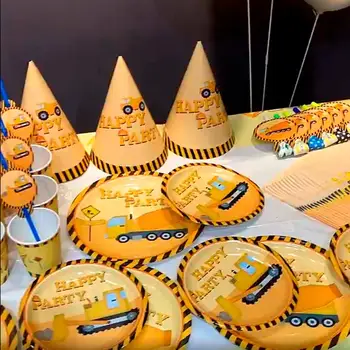 

Construction Trucks Engineering Cars Party Disposable Tableware Set Plate Straw Boy Birthday Party Decorations Kids Cake Decor
