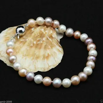 

Handmade Natural 7-8mm White Pink Purple Freshwater Pearl Bangle Bracelet 7.5"