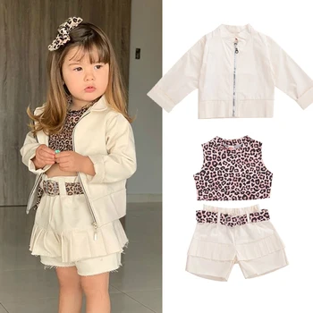 

2020 Fashion 2-8Years Toddler Baby Kids Girl Clothes Sets Zipper Autumn Winter Coat/Leopard print Vest+Shorts Outfits Set 3pcs