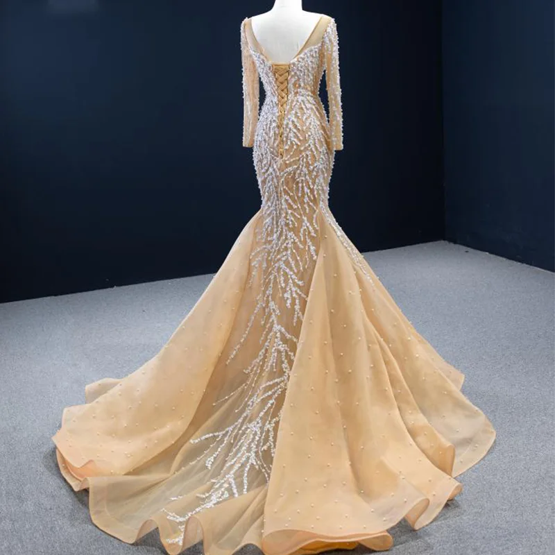 J67211 Jancember New Mermaid Wedding Dress 2020 Custom Design Dress Pearls V-Neck Long Sleeve Applique 4
