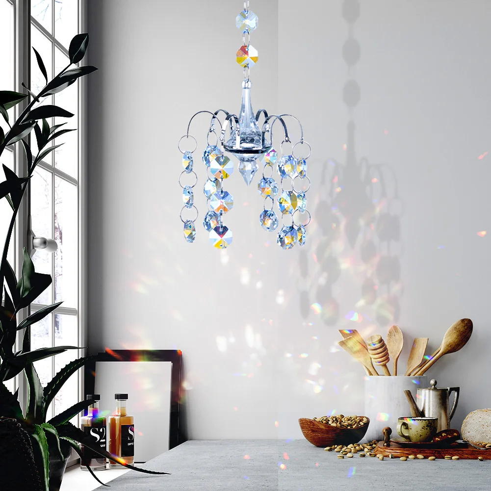 Crystal Pendant Wind Chime Chandelier Shaped Prism Faceted Hanging Jewelry Ornament Glass Sun Catchers Indoor Outdoor Decor Sun Catcher