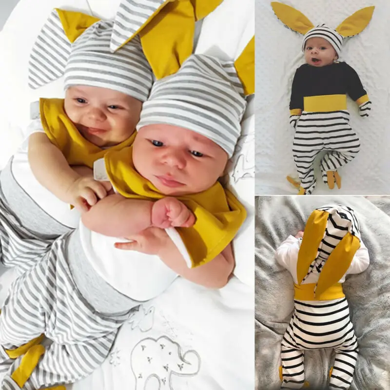 Новинка года; Лидер продаж; хлопковая одежда для новорожденных мальчиков и девочек; брюки в полоску с длинными ушками; шапка; Великобритания