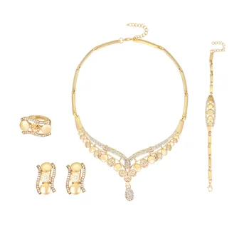 

4pcs Ladie Bridal Jewellery Set Earring Necklace Bracelet Finger Ring Supplies Wedding Four Piece Set Golden