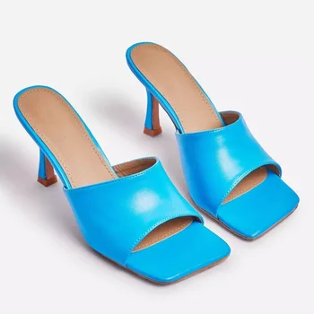

2020 New Summer Women Sandals Square Toe Ladies Heel Mules Sexy Thin High Heels Sandals Slippers Female Designer Shoes Women