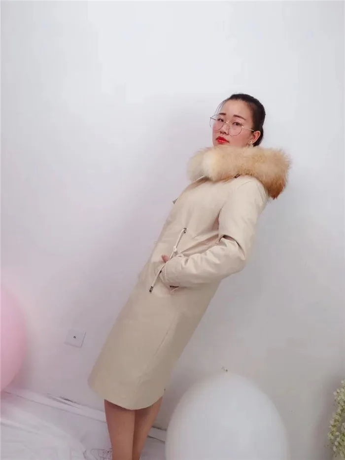 Парка из натурального меха, Зимняя женская куртка с натуральным кроличьим мехом, длинное пальто, женская верхняя одежда с воротником из натурального меха енота