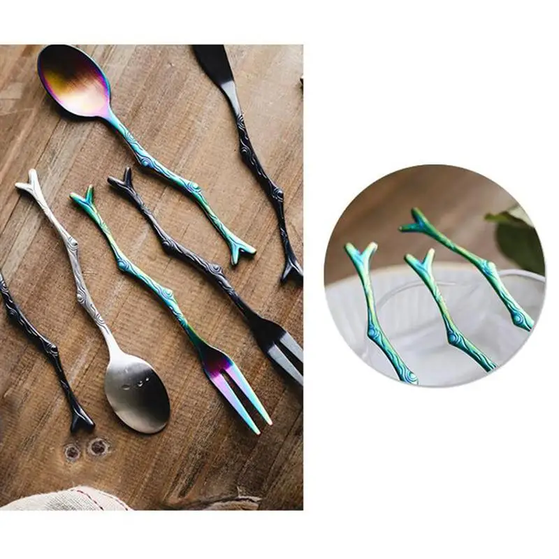 Silverware Retro Branch Knife Fork Spoon Baby Steel Titanium Stainless Spoons 3 Pcs