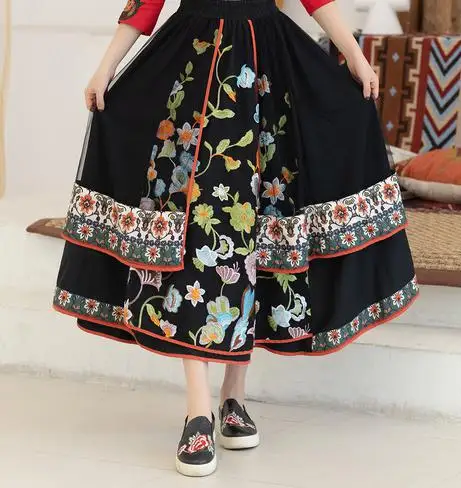Новые осенние женские длинные юбки в этническом стиле с вышивкой в стиле ретро, черная юбка с завышенной талией из двух частей - Цвет: Черный