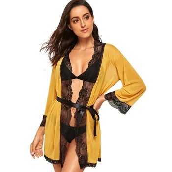 

Sexy Mesh Nightgown Women's Nightie Lace Robe Solid Perspective Stitching Robes Thin Yellow Women Sleep Top Bathrobe Fashion