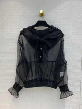 

LouLan Queen Lotus Leaf Attach Black Women Shirts Ladies Tops And Blouses Clothes Summer Lace Bow With Hat 2020