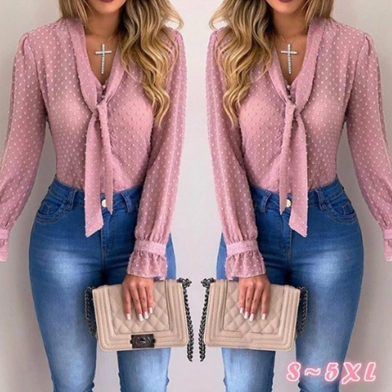 

Chiffon Blouses Women Autumn Fashion Long Sleeve V-neck Pink Shirt Office Blouse Slim Casual Tops Female Plus Size