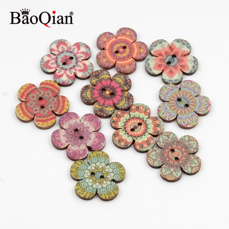 50Pcs 20/25mm Retro series Flower Wooden Buttons For Clothing DIY Sewing Buttons Scrapbooking Decor Craft Accessories