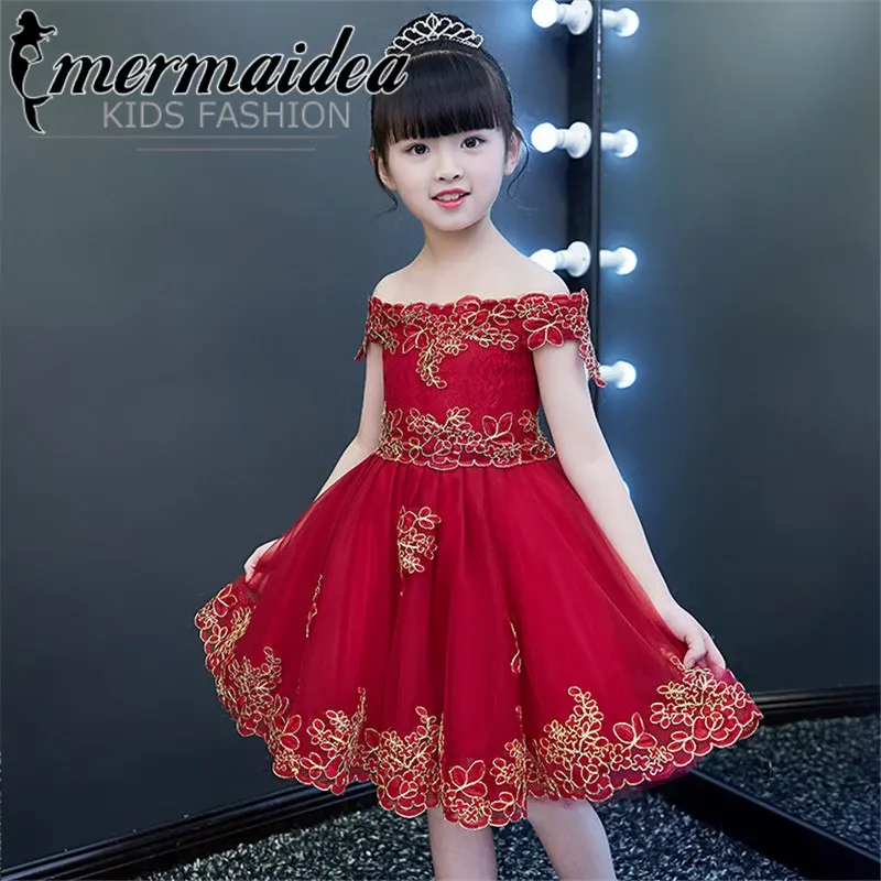 

Children Girls Fashion Luxury Shoulderless Birthday Wedding Party Lace Princess Dress Kids Babies Dance Communication Dress Gift