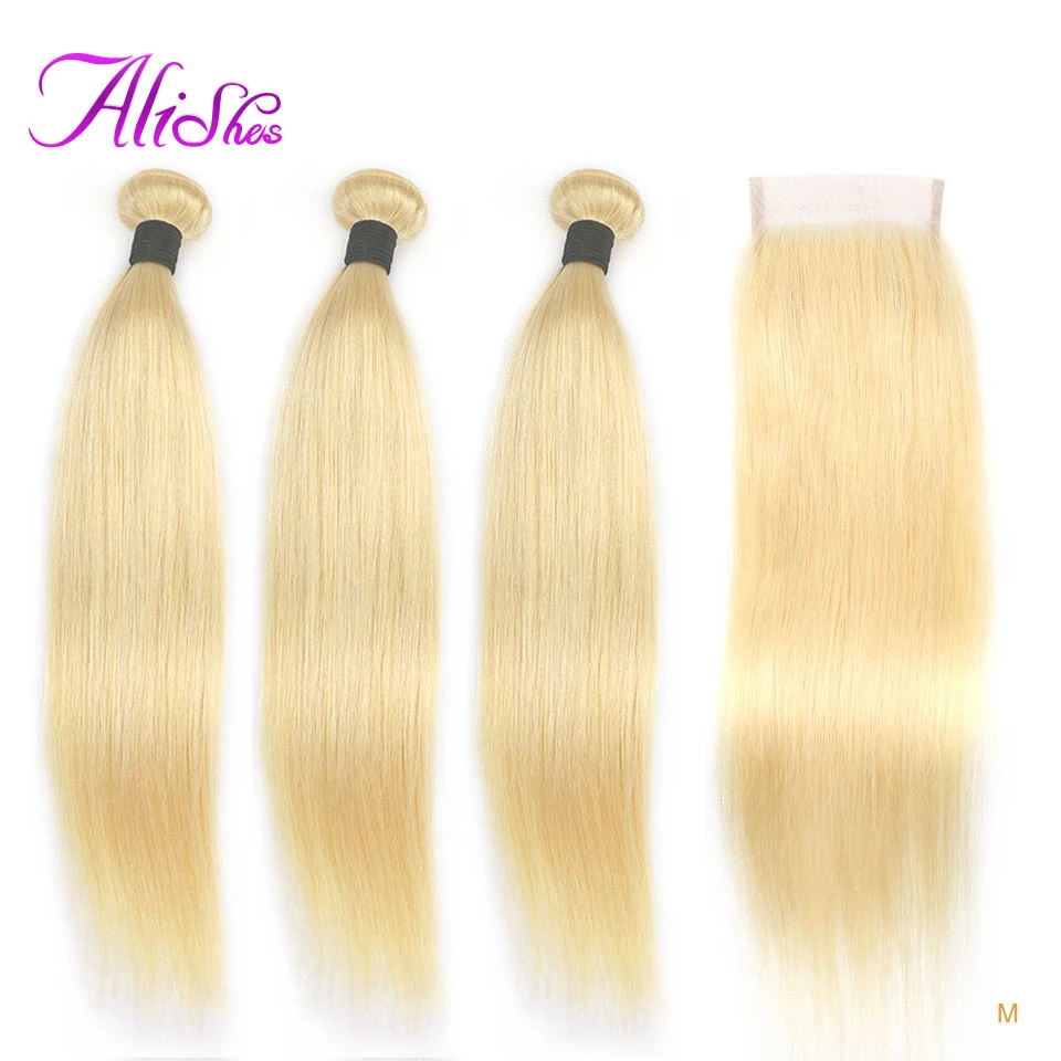 Alishes Straight Hair 613 Bundles With Closure Blonde Human Hair 4x4 Lace Closure And 3 Bundles Brazilian Remy Hair Weaves 10 26 3 4 Bundles With Closure Aliexpress