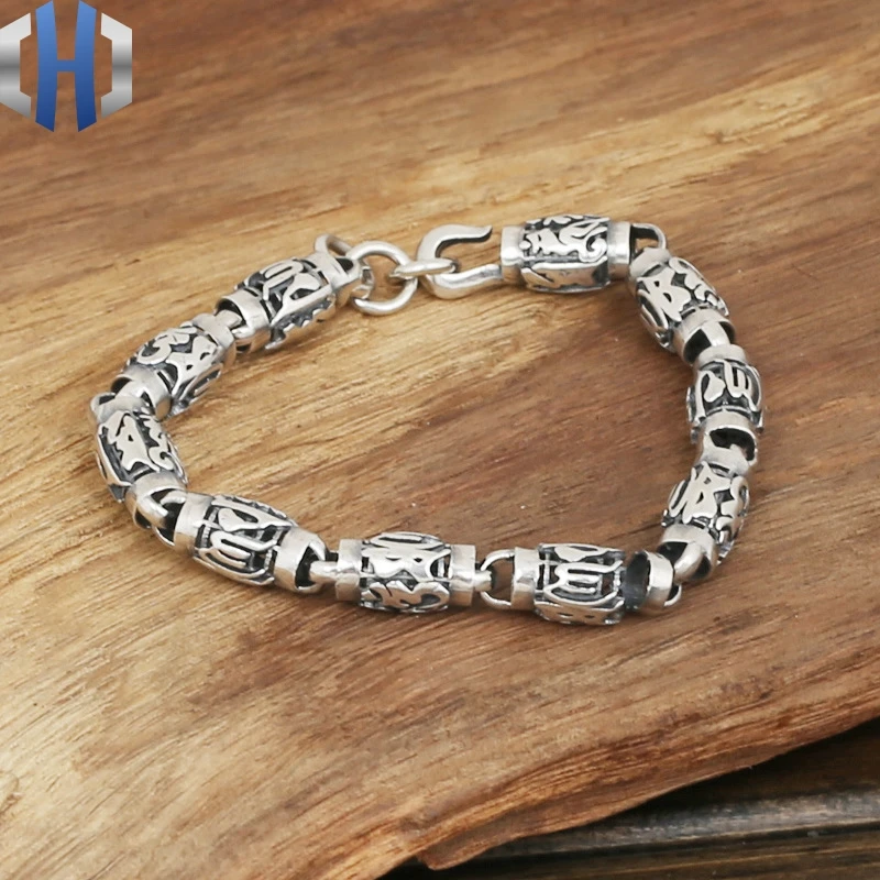 S925 стерлингового серебра ювелирные изделия Мужская мода ручной работы личности Ретро тайский серебряный шесть слов мантра цилиндр браслет