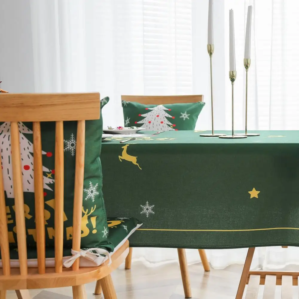 Printed Cotton Table Cloth Christmas Tablecloth Nappe Party Wedding Green Tablecloth For Christmas Decoration Mantel Home Decor