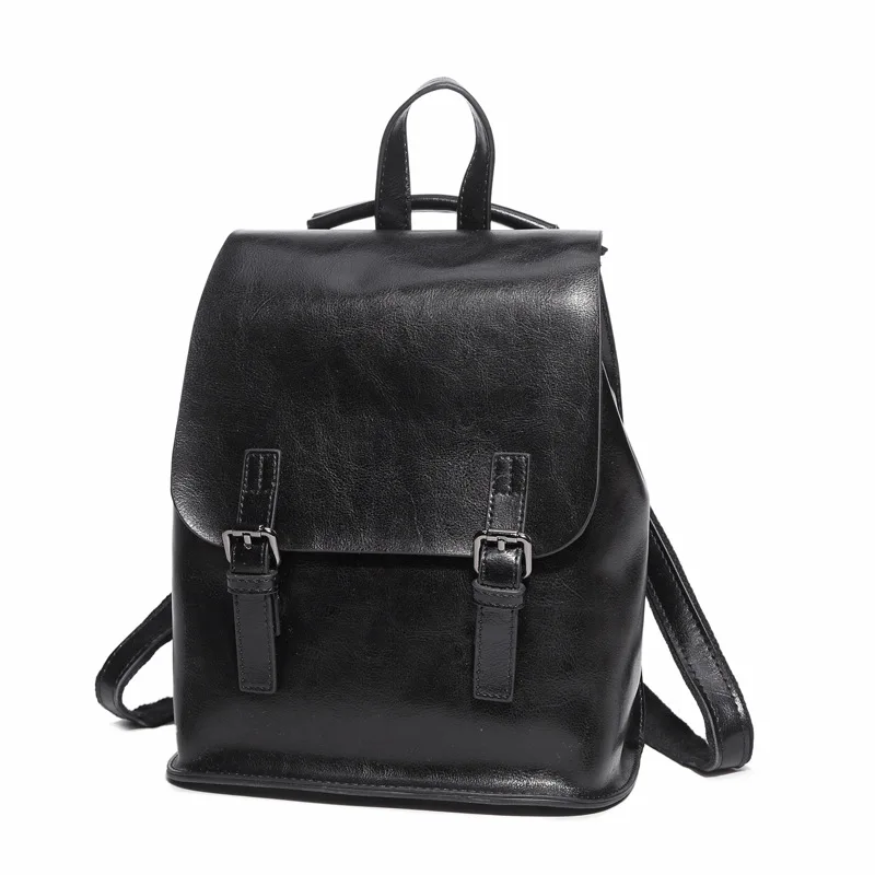 Realer Мода для девочек-подростков масло воск яловичный спилок кожаные рюкзаки женские рюкзаки большая емкость сумки на плечо - Цвет: Черный